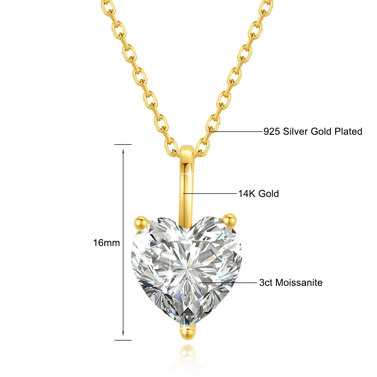 Collier en Moissanite en forme de cœur en or véritable 14K, pendentif classique pour femmes