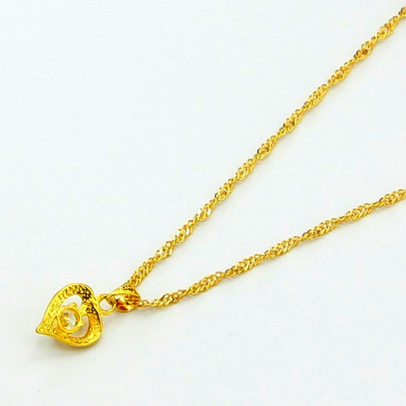 Collier en or véritable 24k en Zircon, pendentif en forme de cœur, chaîne à ondulation d'eau