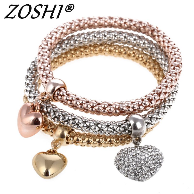 ZOSHI-Bracelets à breloques coeur d'amour en cristal pour femme, plaqué or, théâtre l, bracelets pendentif éléphant, ensemble de bijoux de fête, ensemble de 3 pièces