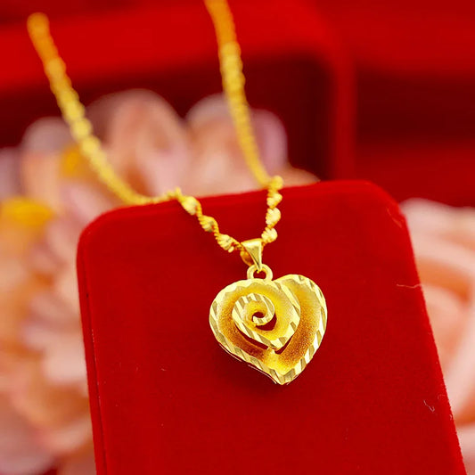 Collier avec pendentif en forme de cœur pour femme, en or véritable, jaune 24 carats, 9999