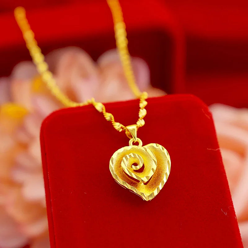Collier avec pendentif en forme de cœur pour femme, en or véritable, jaune 24 carats, 9999