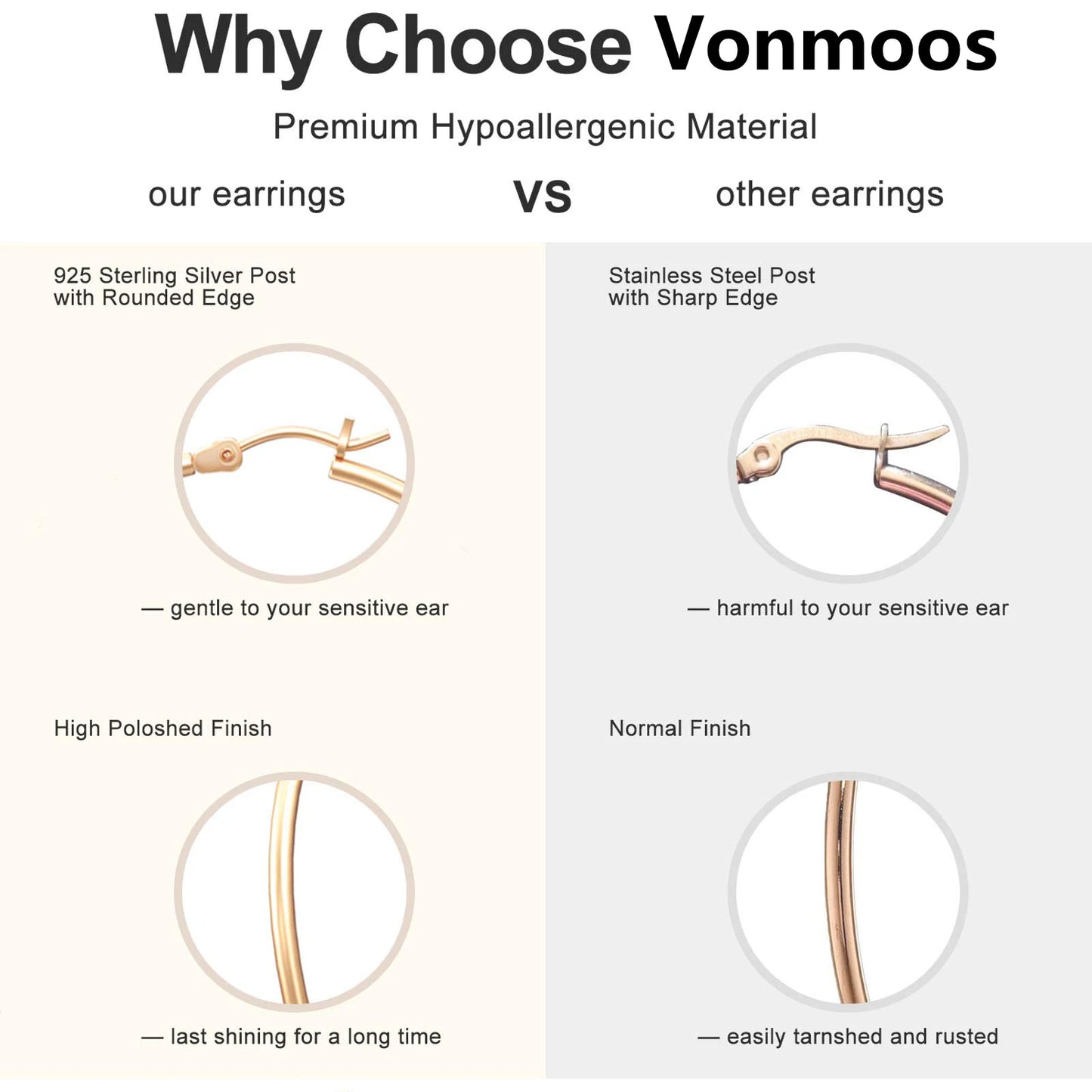 Vonmoos - Ensemble de boucles d'oreilles créole, plaqué or véritable 14k