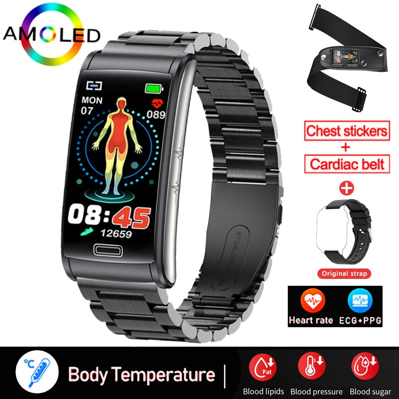 Bracelet connecté ECG + PPG pour hommes, montre intelligente de sport, capteur d'activité physique avec mesure du taux de sucre dans le sang, sans douleur et Non invasif, étanche IP68