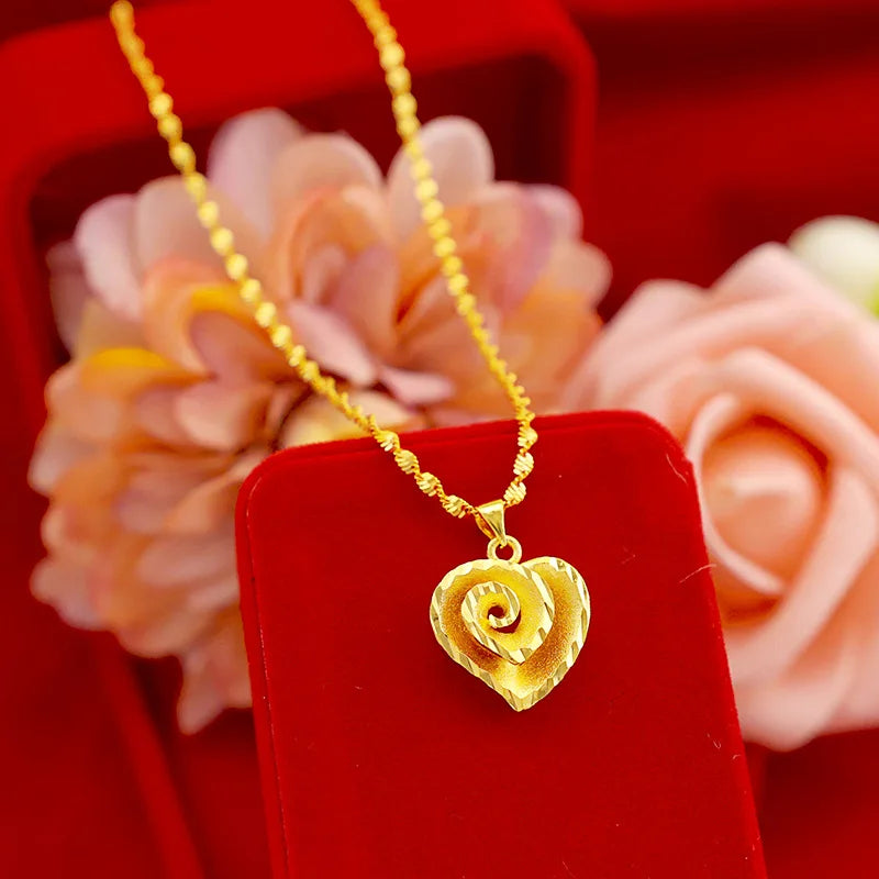 Collier avec pendentif en forme de cœur pour femme, en or véritable, jaune 24 carats, 9999