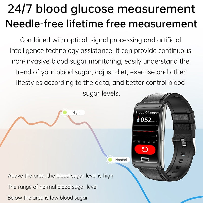 Bracelet connecté ECG + PPG pour hommes, montre intelligente de sport, capteur d'activité physique avec mesure du taux de sucre dans le sang, sans douleur et Non invasif, étanche IP68