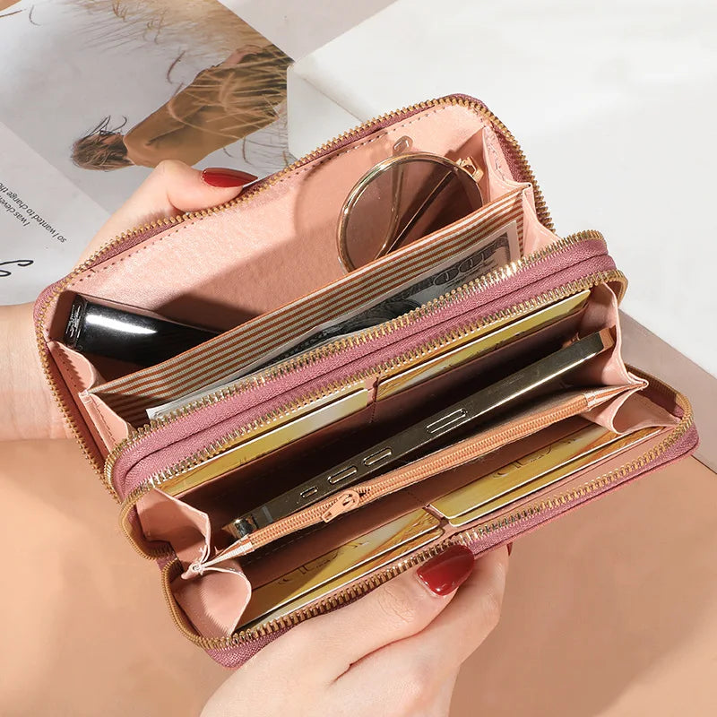 Portefeuille long en cuir, pompon pour femme