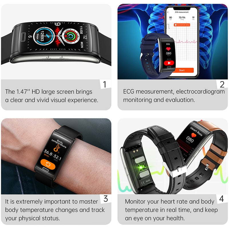 Bracelet connecté ECG + PPG pour hommes, montre intelligente de sport, capteur d'activité physique avec mesure du taux de sucre dans le sang, sans douleur et Non invasif, étanche IP68