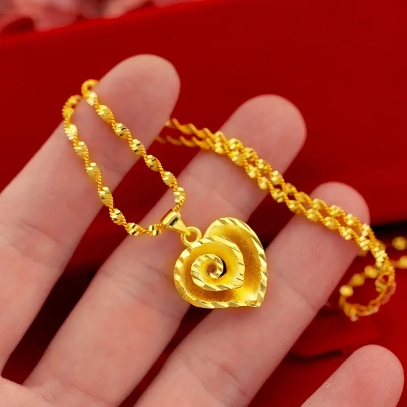 Collier avec pendentif en forme de cœur pour femme, en or véritable, jaune 24 carats, 9999