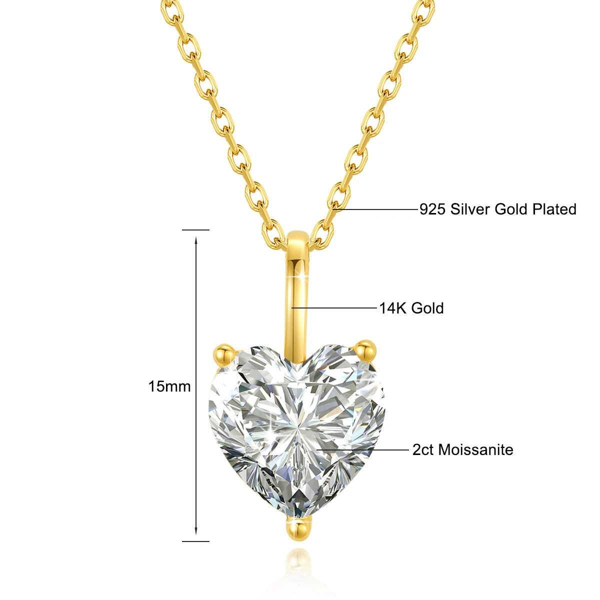 Collier en Moissanite en forme de cœur en or véritable 14K, pendentif classique pour femmes