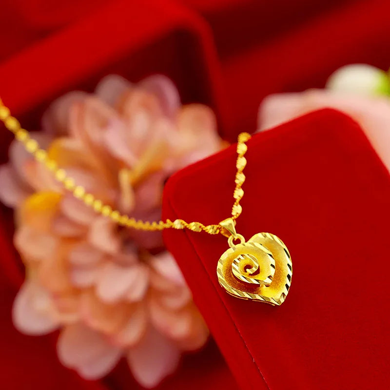 Collier avec pendentif en forme de cœur pour femme, en or véritable, jaune 24 carats, 9999