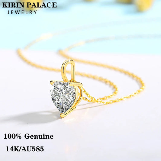 Collier en Moissanite en forme de cœur en or véritable 14K, pendentif classique pour femmes