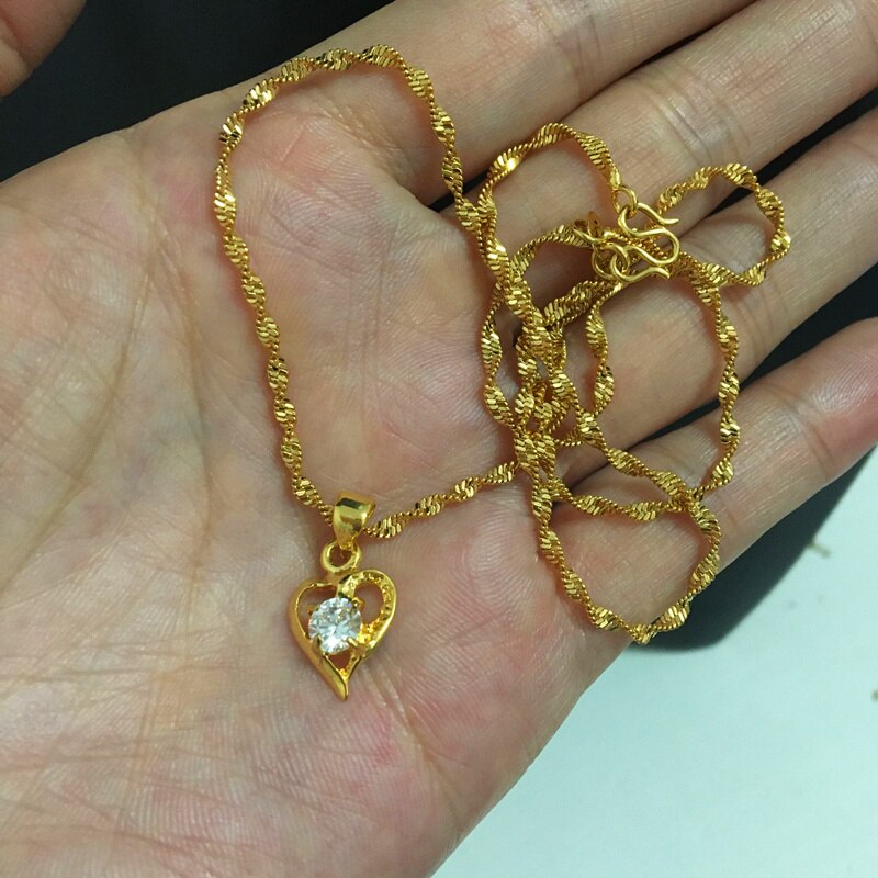 Collier en or véritable 24k en Zircon, pendentif en forme de cœur, chaîne à ondulation d'eau