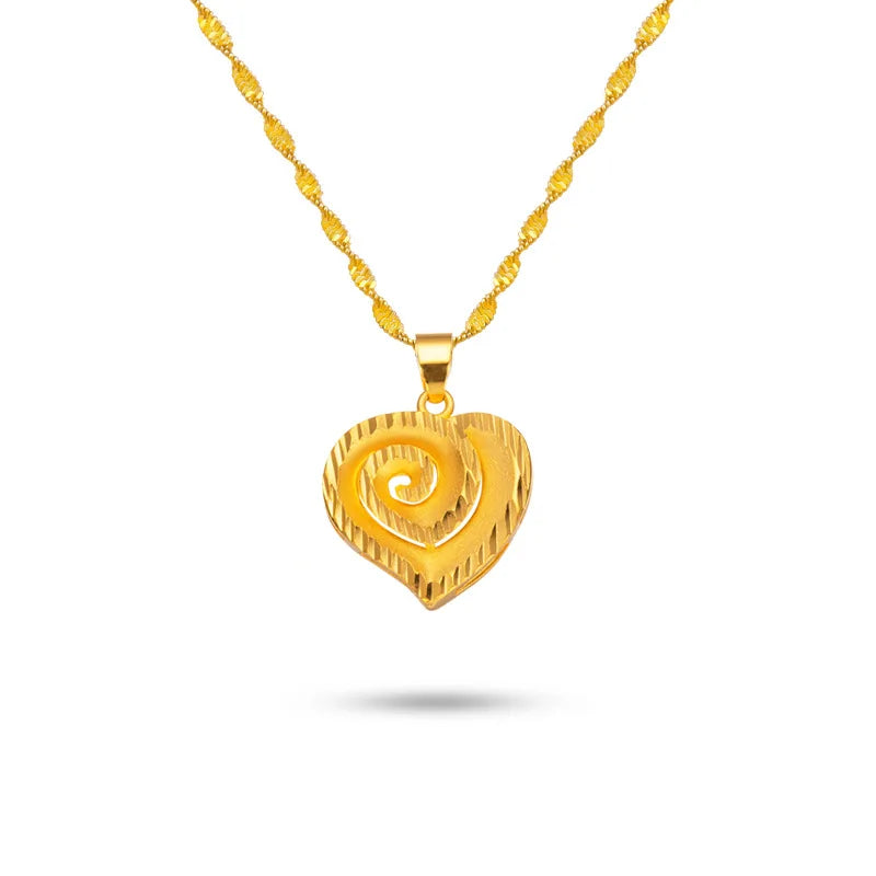 Collier avec pendentif en forme de cœur pour femme, en or véritable, jaune 24 carats, 9999