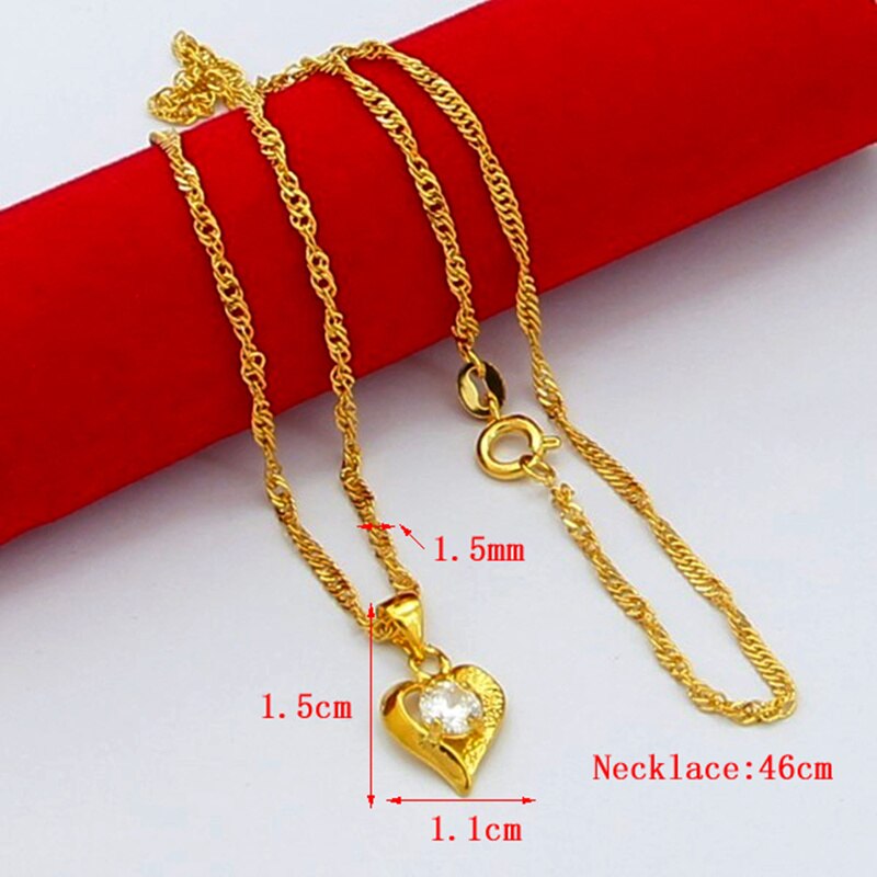 Collier en or véritable 24k en Zircon, pendentif en forme de cœur, chaîne à ondulation d'eau
