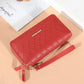 Portefeuille long en cuir, pompon pour femme