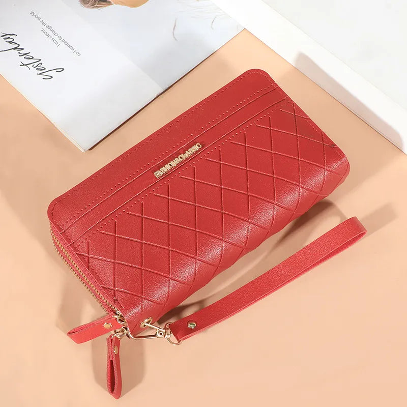 Portefeuille long en cuir, pompon pour femme