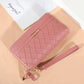 Portefeuille long en cuir, pompon pour femme