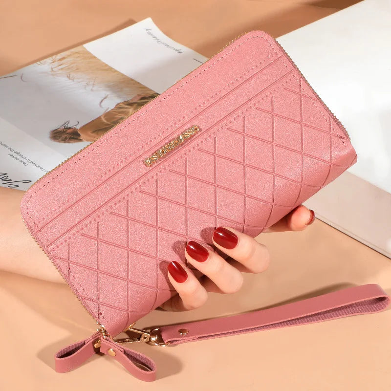 Portefeuille long en cuir, pompon pour femme