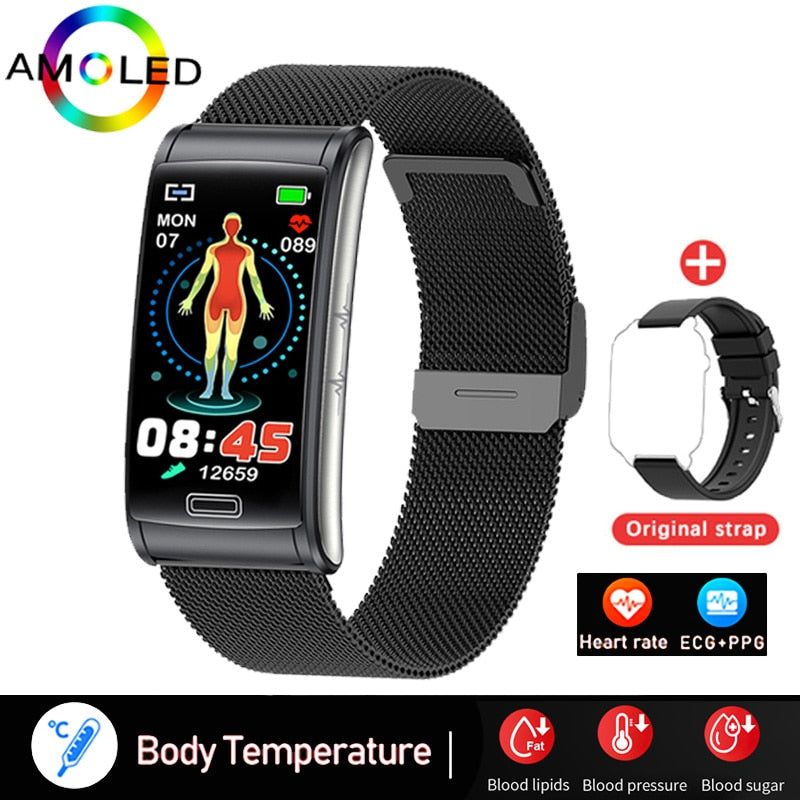 Bracelet connecté ECG + PPG pour hommes, montre intelligente de sport, capteur d'activité physique avec mesure du taux de sucre dans le sang, sans douleur et Non invasif, étanche IP68