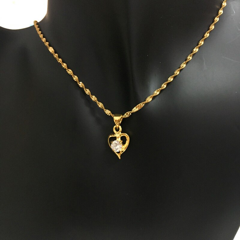Collier en or véritable 24k en Zircon, pendentif en forme de cœur, chaîne à ondulation d'eau