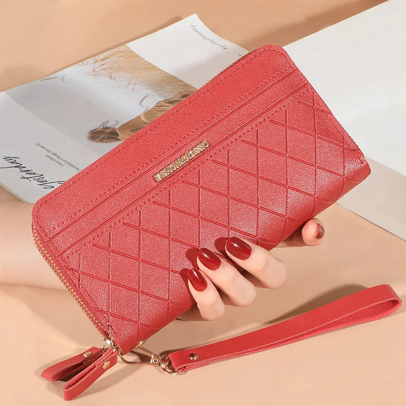 Portefeuille long en cuir, pompon pour femme