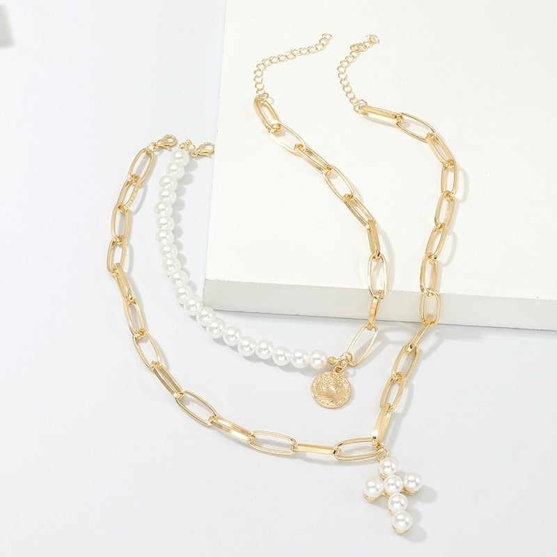 Delysia – collier pull Vintage pour femmes, incrusté de perles artificielles, pendentif croisé, sceau d'originalité
