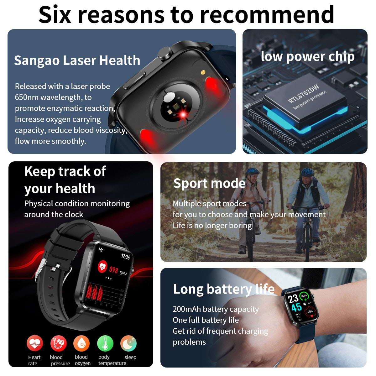 2023 nouvelle Glycémie Montre Intelligente Hommes Sangao Laser Traiter Santé de Fréquence Cardiaque Pression Artérielle Smartwatch de Sport Femmes Glucomètre Montre