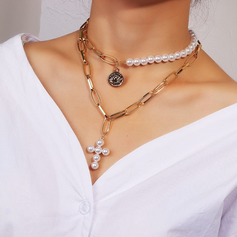 Delysia – collier pull Vintage pour femmes, incrusté de perles artificielles, pendentif croisé, sceau d'originalité