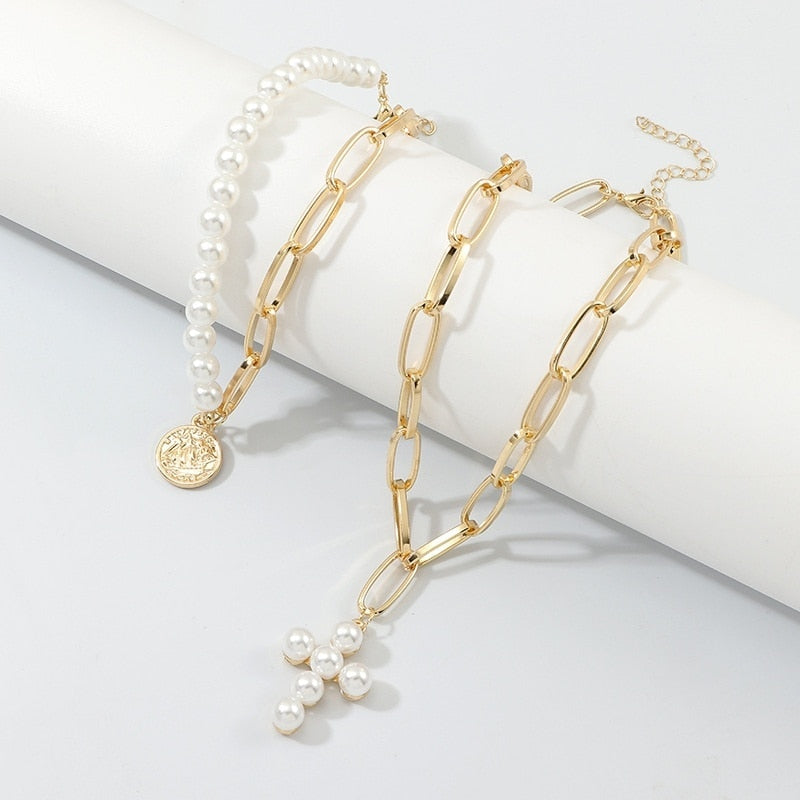 Delysia – collier pull Vintage pour femmes, incrusté de perles artificielles, pendentif croisé, sceau d'originalité