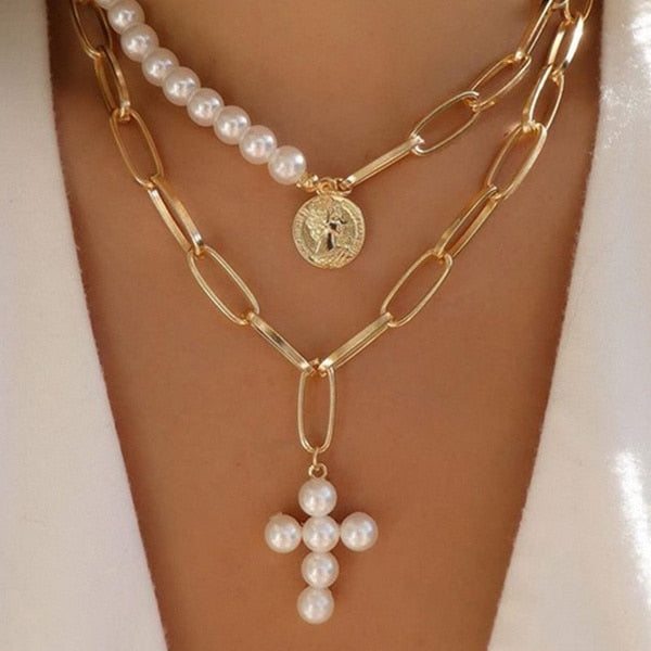Delysia – collier pull Vintage pour femmes, incrusté de perles artificielles, pendentif croisé, sceau d'originalité